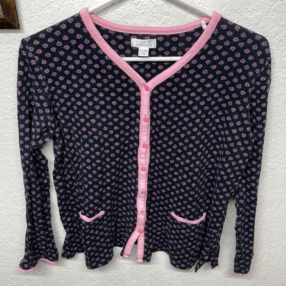 Celestial Dreams Women’s L Pajama Top Long Sleeve Button Up Pink Purple Pattern